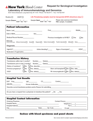 New York Blood Center Serological Investigation Request