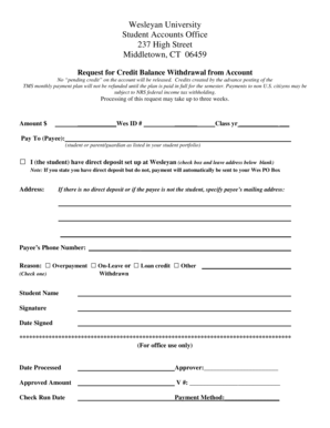 Wesleyan University Credit Balance Withdrawal Request