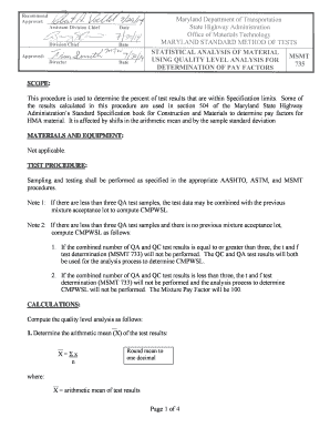 Method statement for civil works - Maryland Standard Method of Test (MSMT) 735 Statistical Analysis of Material Using Quality Level Analysis for Determination of Pay Factors