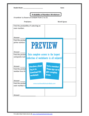 Probability of Numbers Worksheet