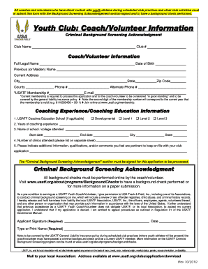 USATF Youth Coach/Volunteer Background Check Form