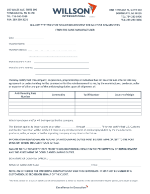 Blanket Statement of Non-Reimbursement for Multiple Commodities