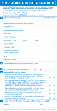 New Zealand Arrival Card