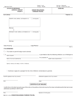Michigan Foreign Travel Order