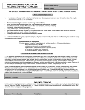 Indoor Summits Pool Kayak Release and Hold Harmless Agreement