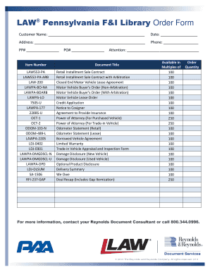 Pennsylvania F&I Library Order Form