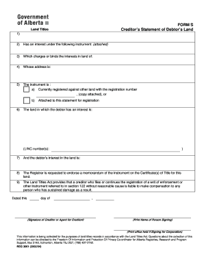 Land Titles Creditor's Statement of Debtor's Land