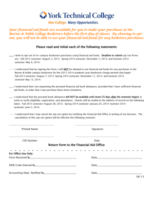 Financial Aid Bookstore Opt-Out Form
