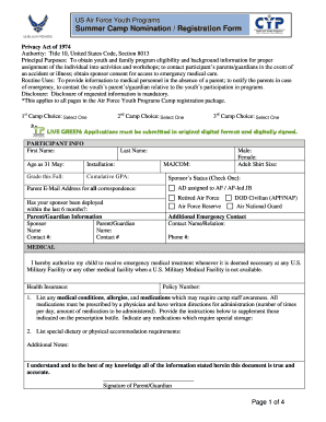 US Air Force Youth Programs Summer Camp Registration Form