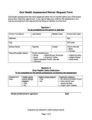 Oral Health Assessment/Waiver Request Form
