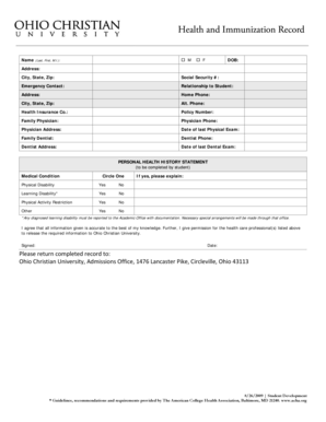 Health and Immunization Record Form