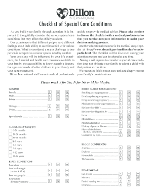 Adoption Special Care Conditions Checklist