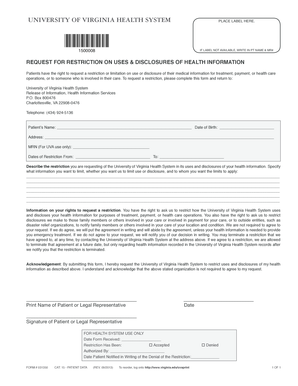 University of Virginia Health System Request for Restriction on Health Information