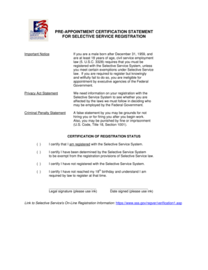 Pre-Appointment Certification Statement for Selective Service Registration