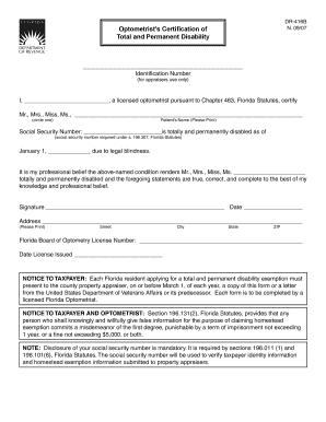 Florida Optometrist Certification of Total and Permanent Disability