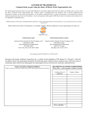 Letter of Transmittal for Harris Teeter Stock