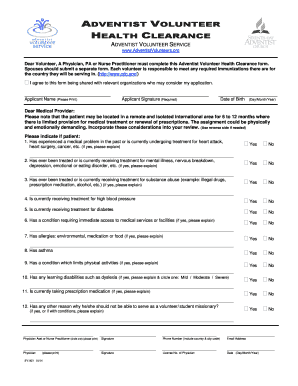 Adventist Volunteer Health Clearance Form