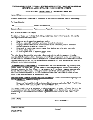 COLORADO CAREER AND TECHNICAL STUDENT ORGANIZATIONS TRAVEL AUTHORIZATION NOTIFICATION AND CONFIRMATION FORM FOR STATE OFFICERS - fbla-pbl cccs