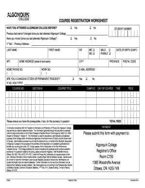 Algonquin College Course Registration Worksheet