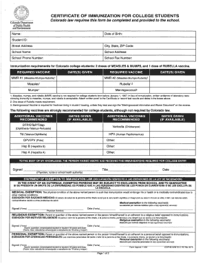Colorado College Student Immunization Certificate