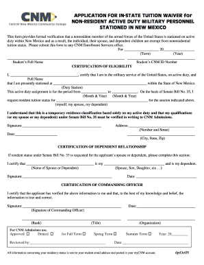 Application for In-State Tuition Waiver for Non-Resident Active Duty Military Personnel