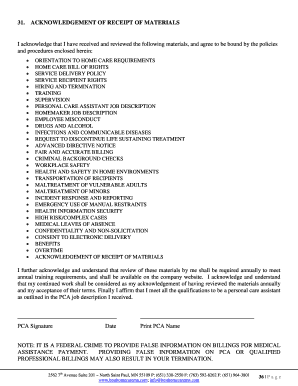 Acknowledgement of Receipt of Materials