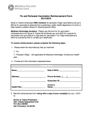 Flu and Pertussis Vaccination Reimbursement Form