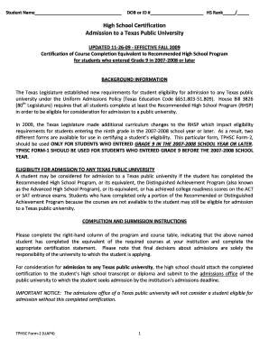Texas High School Certification Form