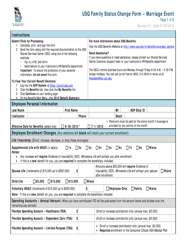 Fillable Online ega USG Family Status Change Form University System