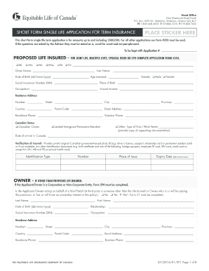 Short Form Single Life Term Insurance Application