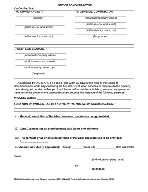 Georgia Lien Claimant Notice to Contractor
