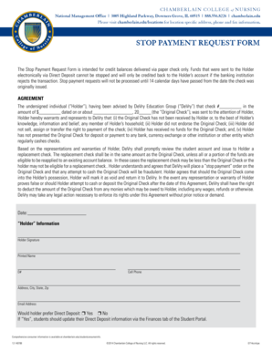 Chamberlain College Stop Payment Request Form