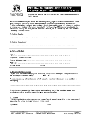 Medical Questionnaire for Off Campus Activities