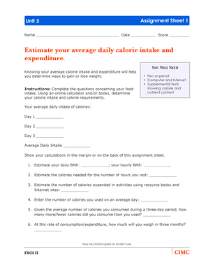 Calorie Intake and Expenditure Assignment Sheet