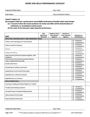 Nurse Aide Skills Performance Checklist