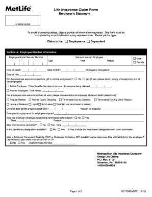 MetLife Group Life Insurance Claim Form