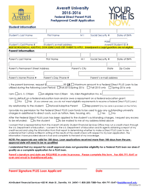 Federal Direct Parent PLUS PreApproval Credit Application