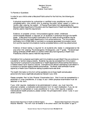Maryland Schools Physical Examination Form