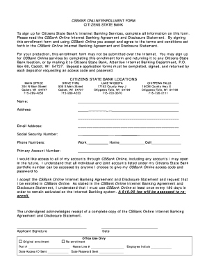 Citizens State Bank Online Enrollment Form