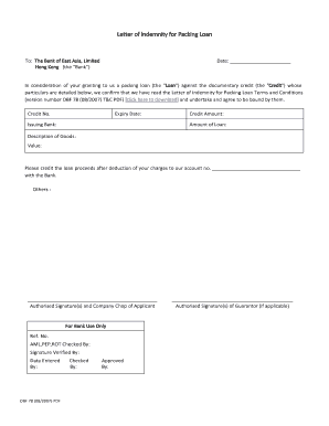 Letter of Indemnity for Packing Loan