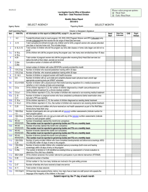 Head Start Monthly Status Report
