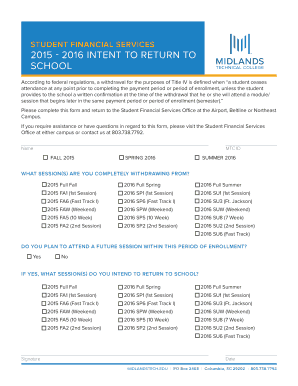 Student Financial Services Intent to Return to School Form