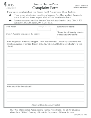 Oregon Health Plan Complaint Form