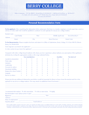 Berry College Personal Recommendation Form