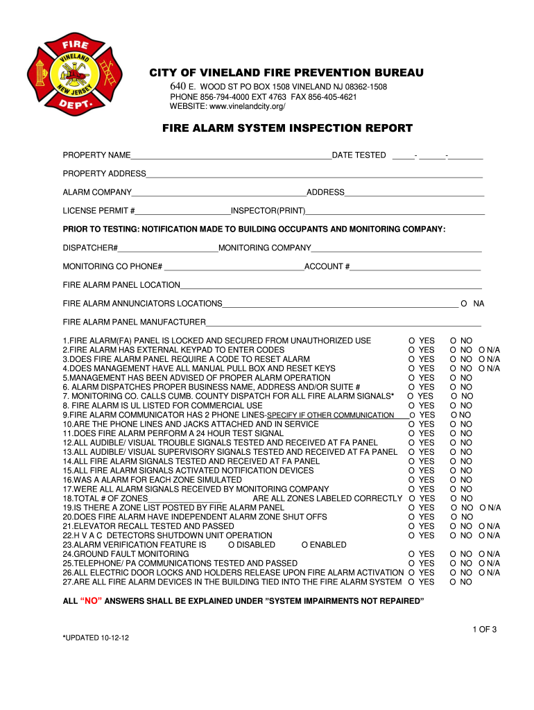 fire alarm inspection report form Preview on Page 1.