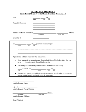 Notice of Default for Mobile Home Tenancy