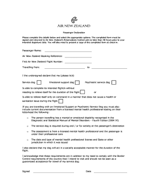 Air New Zealand Service Dog Travel Declaration