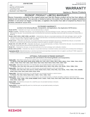 Reznor Product Limited Warranty Form W