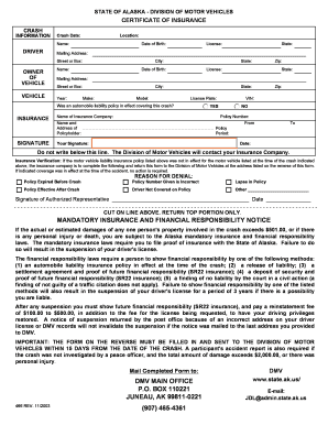 Alaska Certificate of Insurance for Crash