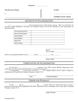 Sample notary statement texas - AFFIDAVIT OF INCARCERATION VERIFICATION OF - Wise County - co wise tx